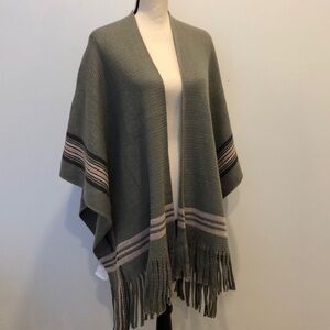 NEW shawl poncho sweater striped with fringe grey  pink O/S